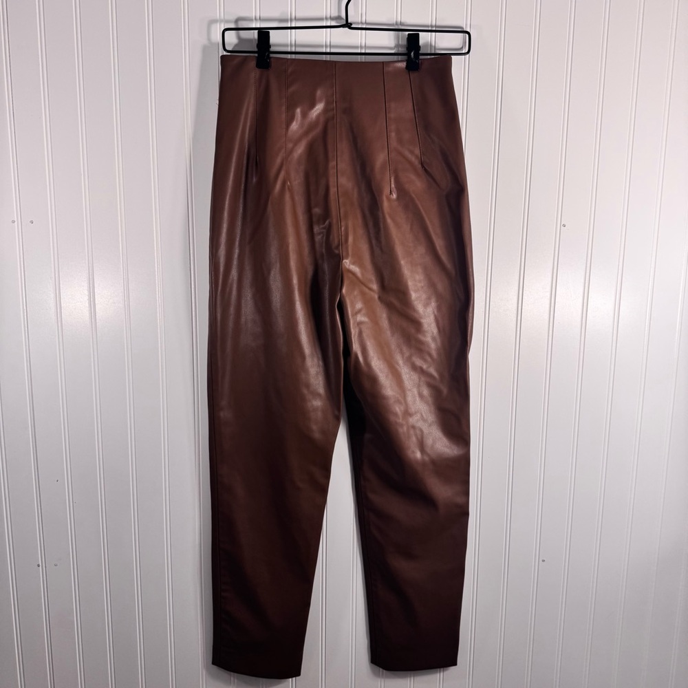 ZARA Faux Leather Straight Leg Pleated High Waist Pants Brown Women’s Size Small - Picture 9 of 15